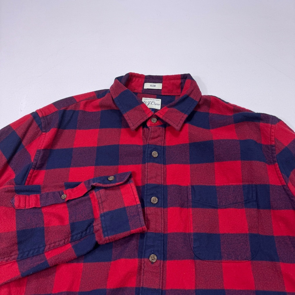 J. Crew Mens Large Slim Fit Flannel Shirt Red Black Buffalo Plaid Cabin Outdoor